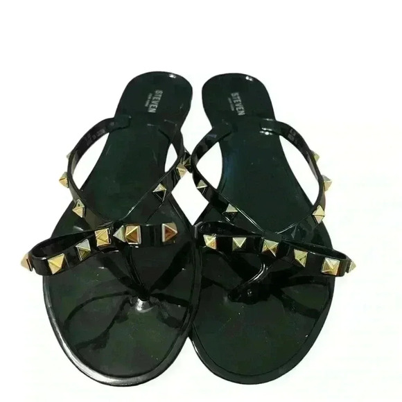 Steve Madden Deena Women's Jelly Flat Studded Sandals Flip Flops NWB Black - Picture 1 of 4